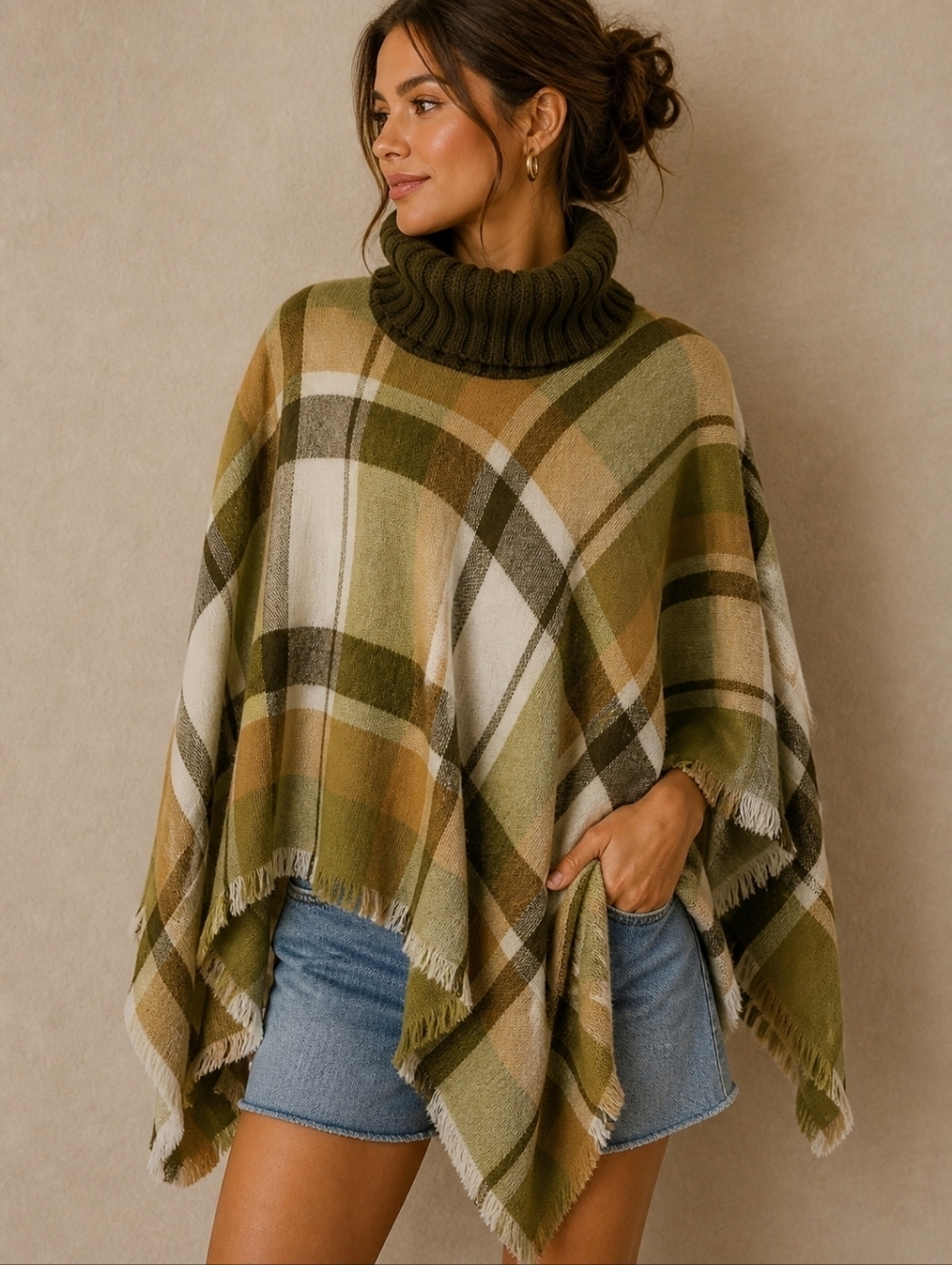 HARVE BERNARD Olive Preppy Plaid Cowl Neck Knit Poncho